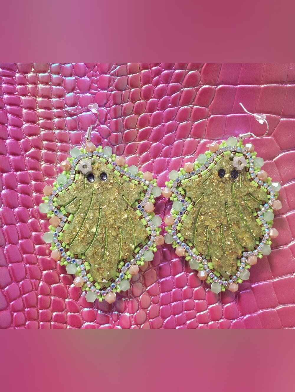 Handmade Green Beaded Ghost And Skull Drop Earrings